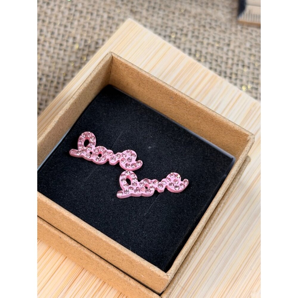 Pink Rhinestone "Love" Stud Earrings With Secure Backings In Gift Box